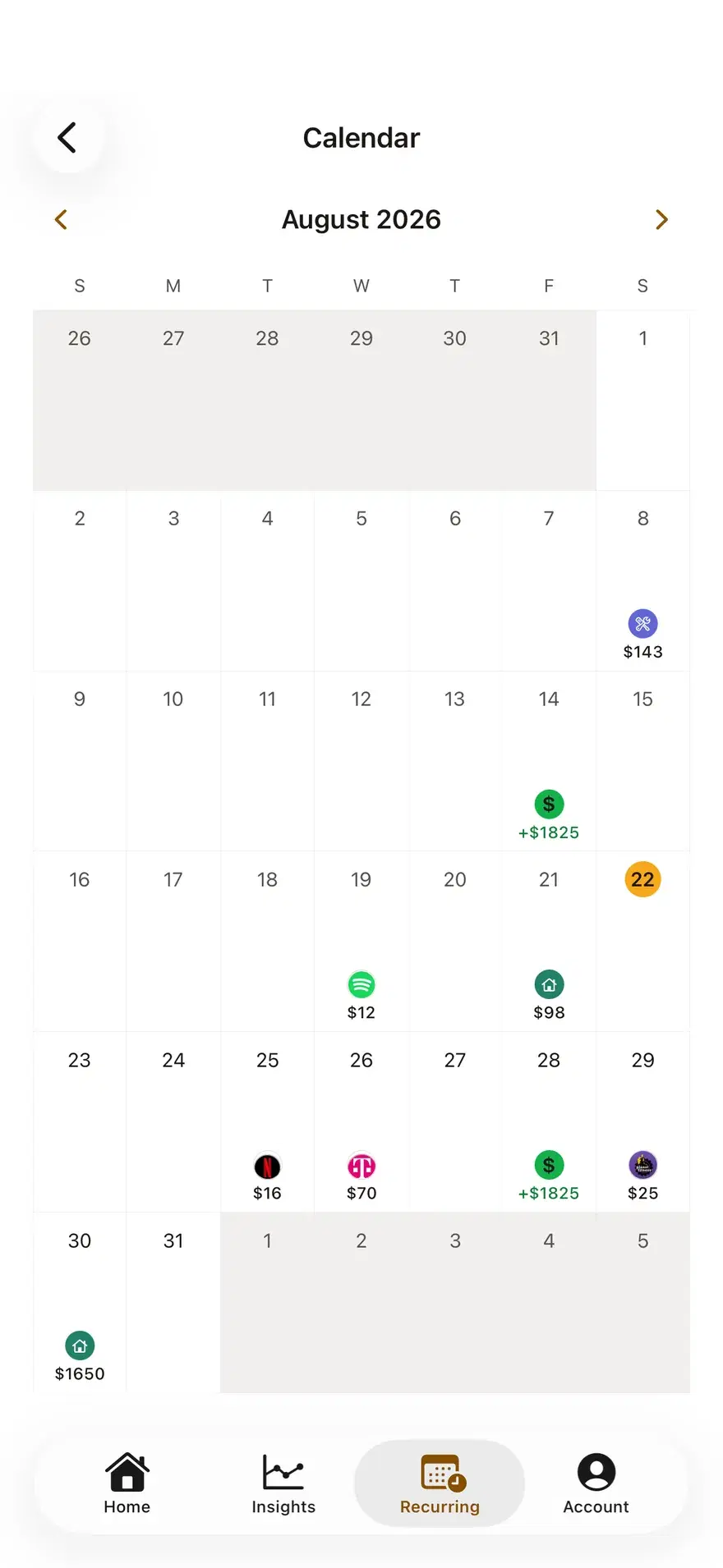 Calendar view of the month with upcoming bills and paydays marked on their dates