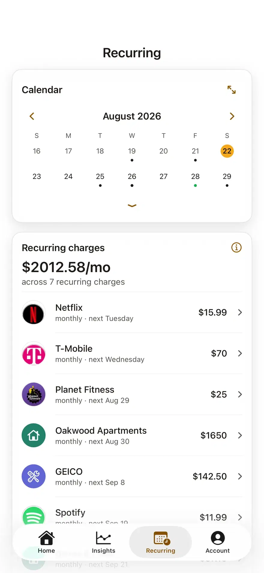 Recurring screen listing monthly subscriptions and bills with their next charge dates