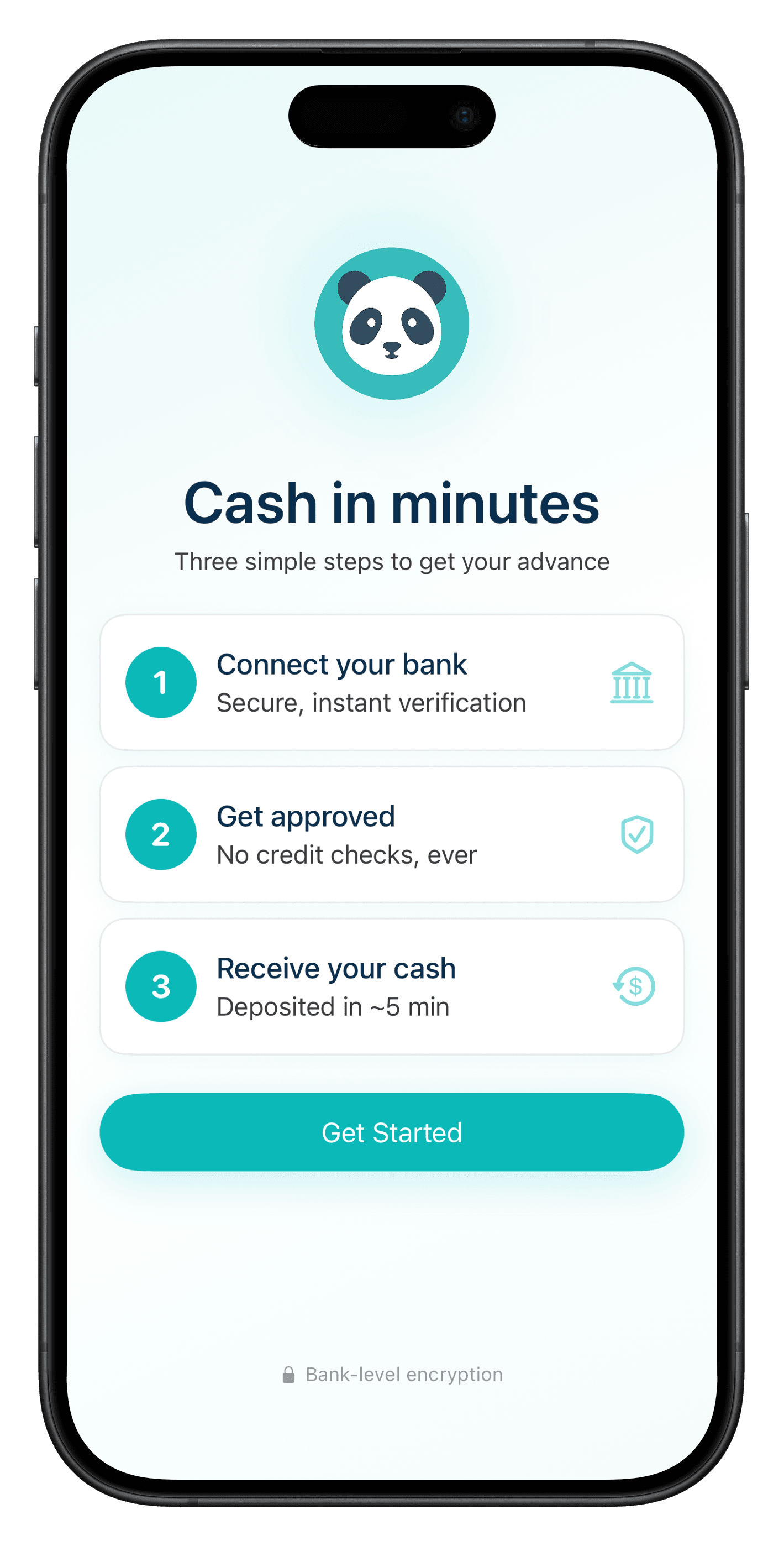 Panda Pay cash advance app flow showing sign up, secure bank link, and instant transfer