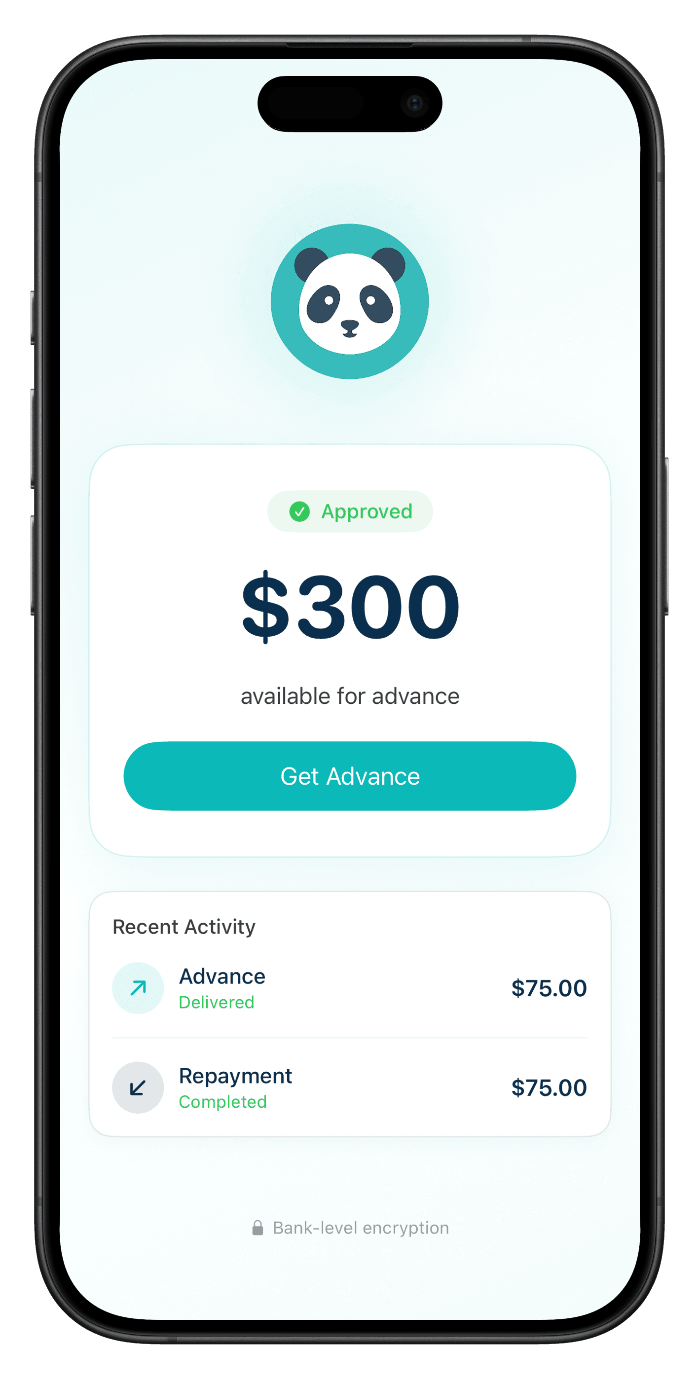 Panda Pay cash advance app showing an approved $300 instant transfer