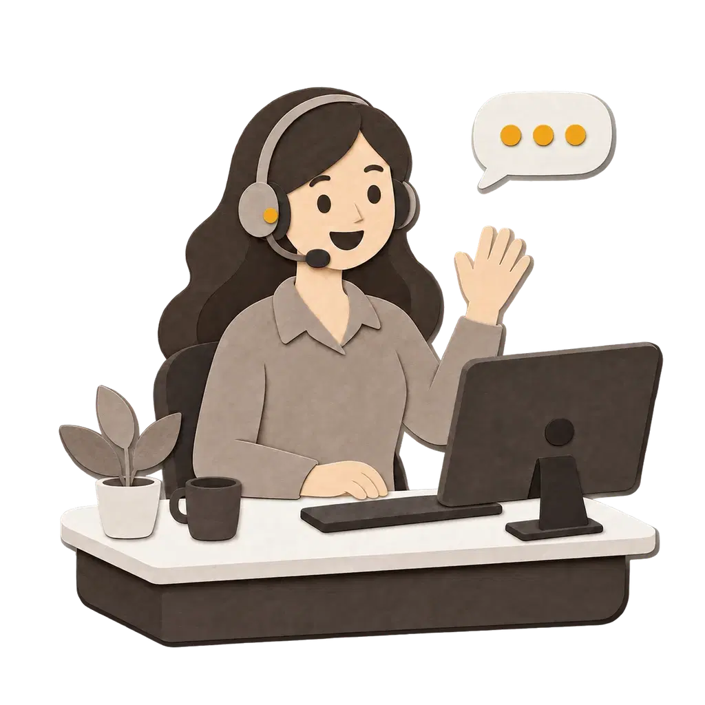 A support agent at a desk, ready to reply